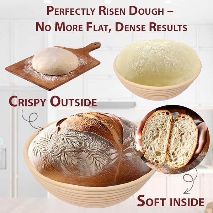 Set of 2 Banneton Bread Proofing Basket with linen Liner, 9" Round & 10" Oval bread basket with 9 Essential Bread Making Tools ??Rattan Sourdough Banneton Basket Kit for Baking Enthusiasts