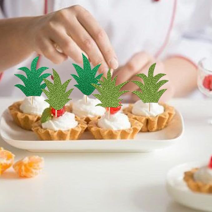 24 Pack Pineapple Cupcake Toppers Glitter Donut Pineapple Leaf Cupcake Picks Tropical Hawaiian Luau Pineapple Theme Baby Shower Kids Birthday Party Cake Decorations Green