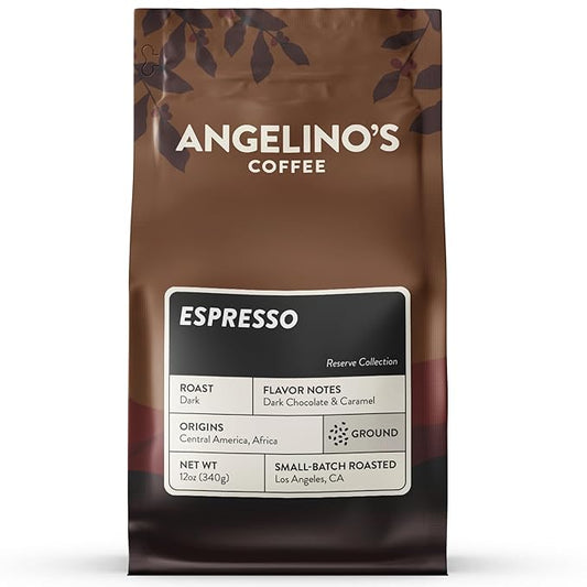 Angelino's Coffee Ground Espresso, 12oz - Dark Roast Espresso Ground Coffee with Notes of Dark Chocolate & Hint of Caramel, Small Batch Reserve, Premium Ground Espresso Blend