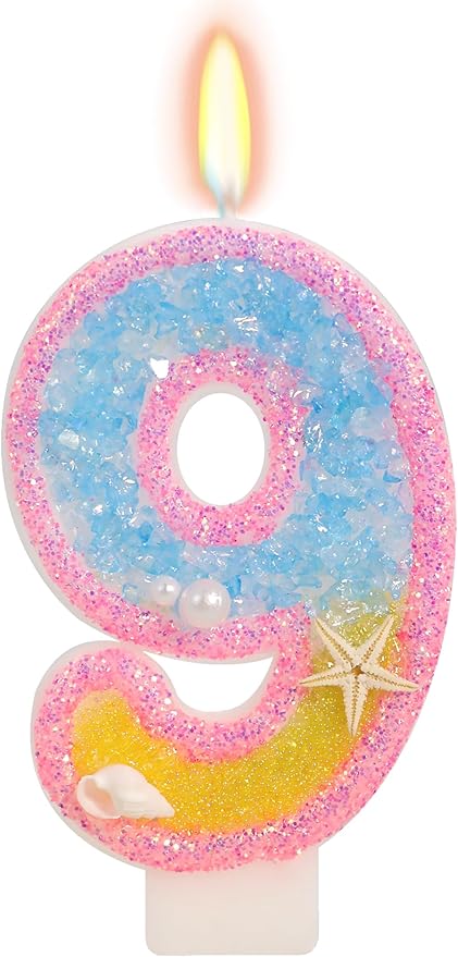 9th Birthday Candle for Cake, Pink Beach Starfish Sequins Number Candles, 2.76 inch Pink Cake Topper Decoration for Birthday Party (Number 9)