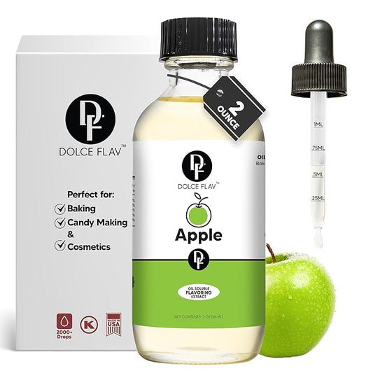 Dolce Flav Apple Extract ??2 Ounce Oil-Soluble Kosher, Sugar-Free, Concentrated Crisp Apple Flavoring for Baking, Chocolates & Desserts, Includes Measured Dropper