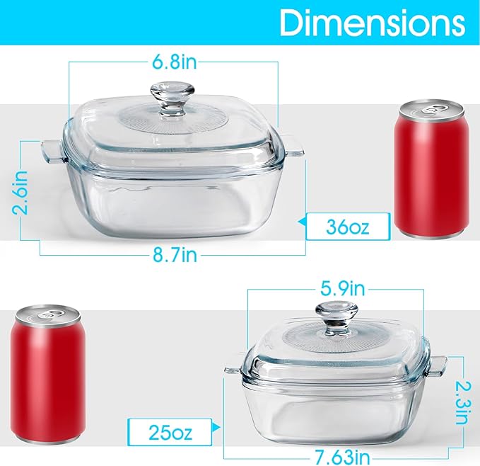 NUTRIUPS Mini Glass Casserole Dish with Lid Oven Safe Square Casserole Dish Set 2 Pack (5.9in+6.8in) Microwave Bowl With Glass Lid ç«?.8L+1.2Lç«?"<div>