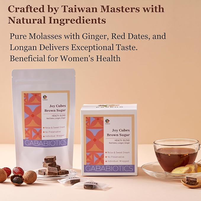 FOODHO GABA Joy Cubes Brown Sugar Cubes Health Blend with Ginger, Longan and Red Dates, Natural Muscovado Sugar, Soothing Ginger Tea, No Preservatives