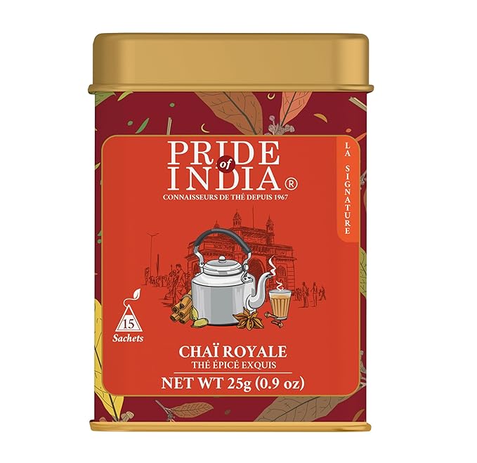 Pride of India | Chai Royale Exquisite Spiced Tea 1 oz (28.3 gm) | 15 Pyramid Full Leaf Individually Wrapped Tea Bags | 100% Natural Blend of Black Tea & Spices |Bold & Spicy Flavor