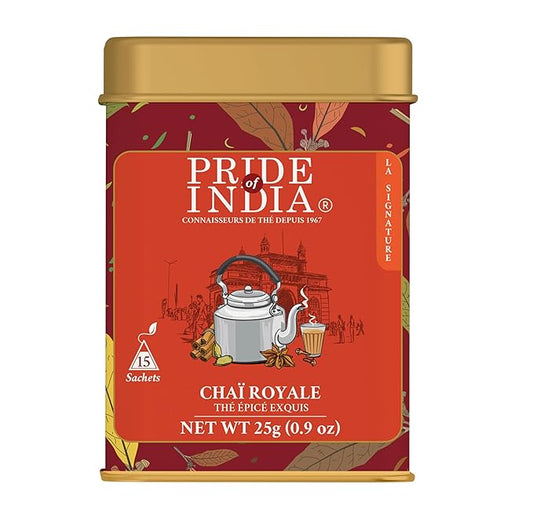 Pride of India | Chai Royale Exquisite Spiced Tea 1 oz (28.3 gm) | 15 Pyramid Full Leaf Individually Wrapped Tea Bags | 100% Natural Blend of Black Tea & Spices |Bold & Spicy Flavor