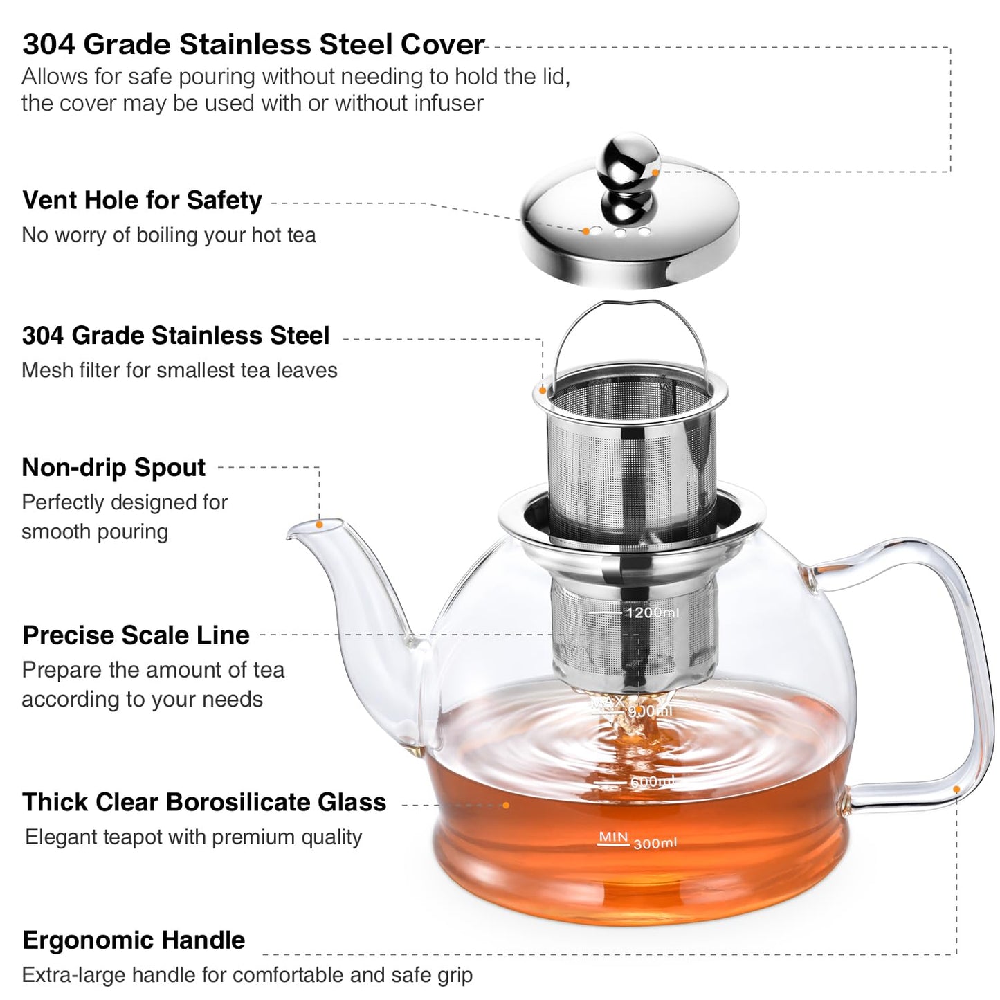 STNTUS Glass Teapot, 40 oz. / 1200 ml for Loose Tea, With Infuser and Stainless Steel Strainer
