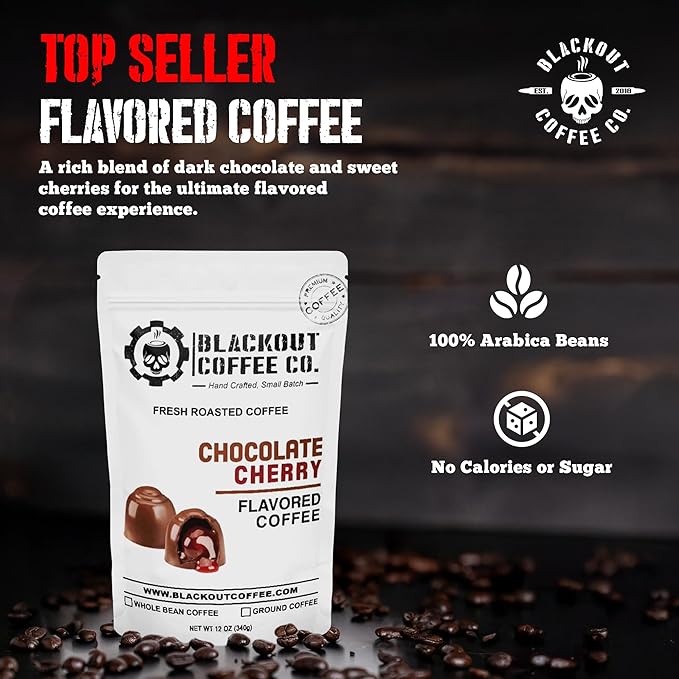 Blackout Coffee Chocolate Cherry Flavored Ground Coffee ??Medium Roast, Smooth Taste, Guilt-Free Indulgence ??Freshly Roasted 12oz Pouch, American Made