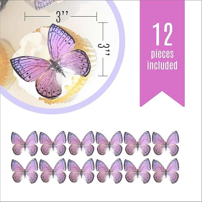 Sugar Robot Edible Butterflies for Cake Decorating- Large Size Butterfly Decorations - Cake Toppers and Cupcake Toppers - Made in the USA - Premium Crafted (Light Purple)
