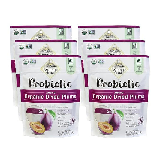 Sunny Fruit Organic Probiotic Pitted Prunes - 6 Bags (30 Individual Portion Packs) | No Preservatives, No Sugar Added | Dried Plums Snack Packs with Live Probiotics | ORGANIC, NON-GMO, KOSHER, HALAL