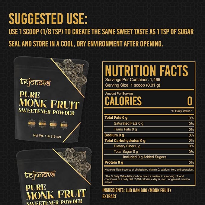 tejonova Monk Fruit Sweetener, 1 lb, Monk Fruit Extract Powder, Monkfruit Sweetener Pure Flavor