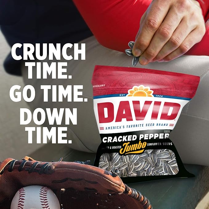 DAVID Roasted and Salted Cracked Pepper Jumbo Sunflower Seeds, Keto Friendly, 5.25 oz, 12 Pack