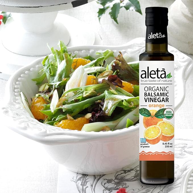 Aleta Farms Balsamic Vinegar, Greek Organic Orange Infused Aged Balsamic Vinegar, USDA Organic, Perfect for Salad Dressings, Pasta, Desserts & Cocktails, Glass Bottle, 8.45 fl oz (Orange)
