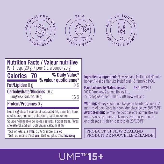 100% Pure New Zealand Honey UMF 15+ MGO 512+ Squeezy Manuka Honey Raw & Unfiltered Certified Award Winning Silky Smooth Taste & Texture 12 Oz