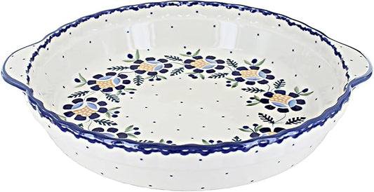 Blue Rose Polish Pottery - Blue Sunflower Pie Plate with Handles - 9.75" Diameter - Ceramic Baking Dish, For Pies, Quiches & Desserts