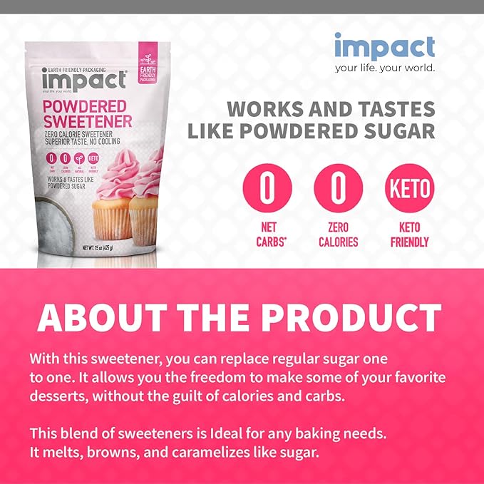 Impact Powdered Sweetener - Allulose, White Monk Fruit Blend ??Zero Calorie and Carb, Keto-Friendly, Guilt-Free Substitute for Baking & Cooking - 0.94 lbs