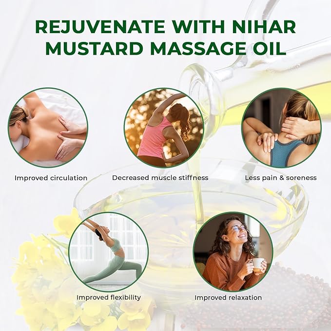 Nihar Naturals Kacchi Ghani Mustard Oil| Cold Pressed| 100% Pure Mustard Oil| For Skin, Hair Care & Body Massage| Enriched with Omega 3 & Natural Anti-Oxidants| 33.8 Fl.oz.