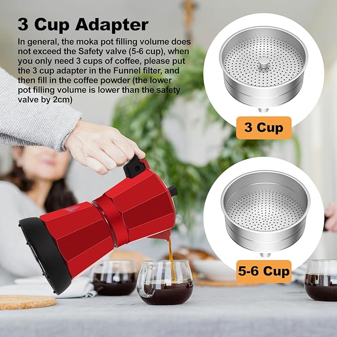 Electric Aluminum Moka Pot 5-6 Cup 270ml Espresso Maker with Detachable Base Ideal Coffee Makers for Home MochaPot Italian and Cuban Cafì±?Coffeemaker Espressomaker CoffeePot Red
