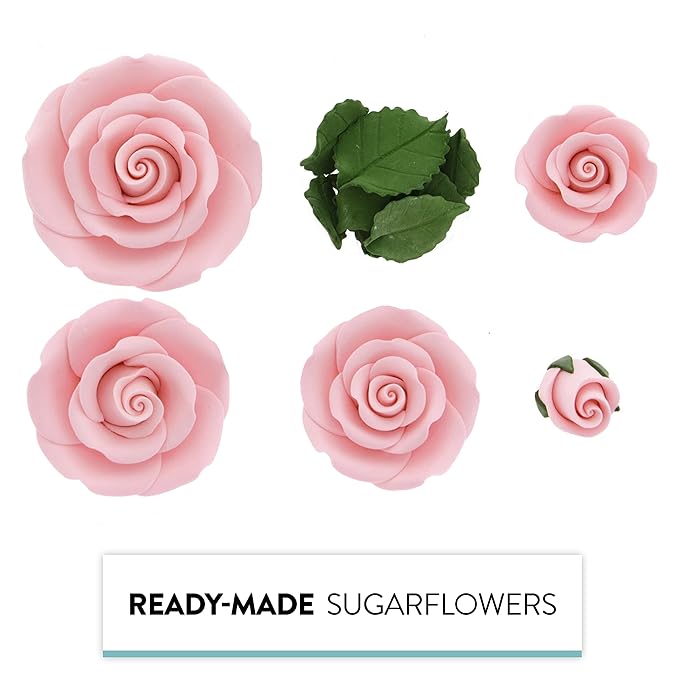 Global Sugar Art Edible Exquisite Rose & Leaf Tray Sugar Cake Flowers, Pink Unwired, 5 Count by Chef Alan Tetreault