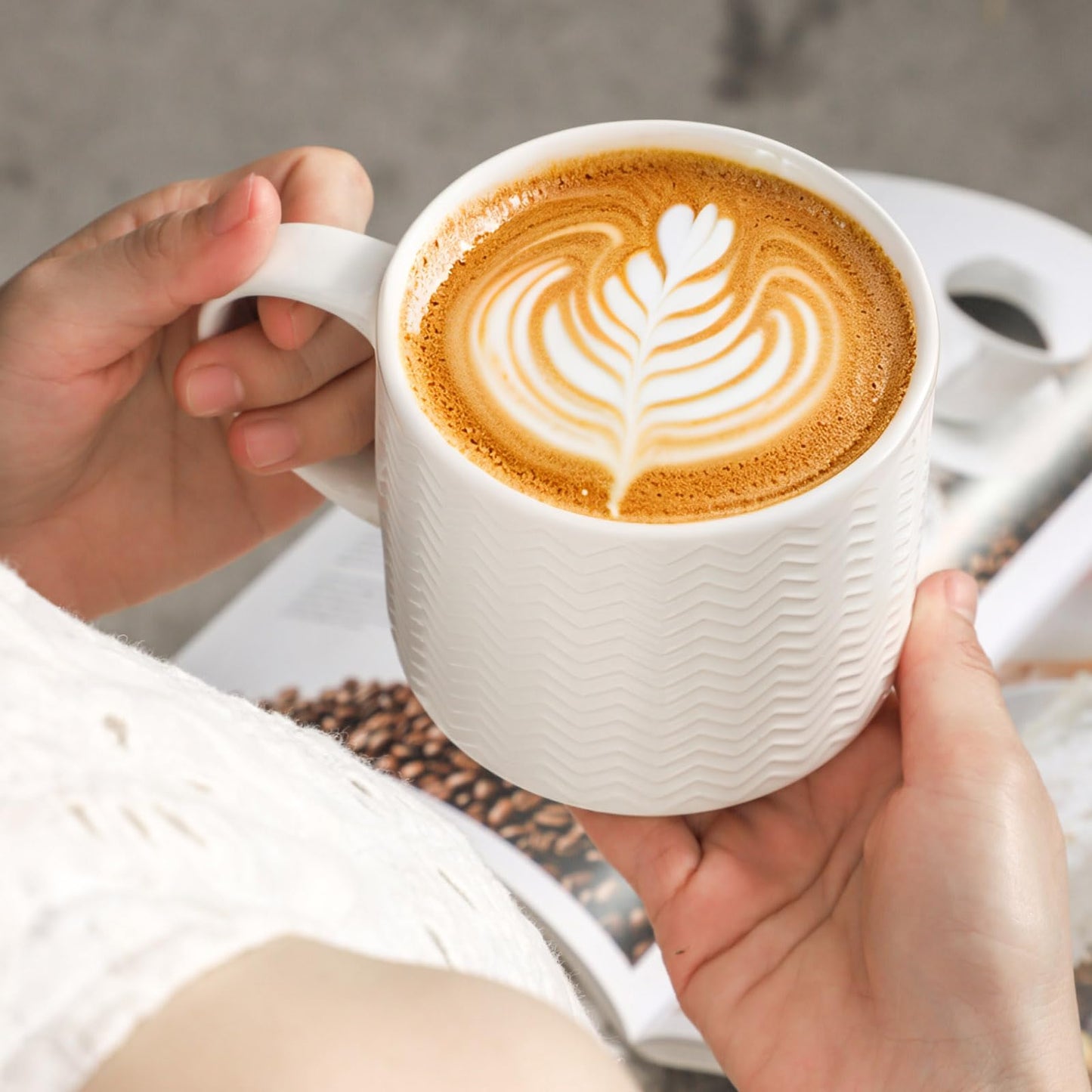 HASENSE Coffee Mugs with Metal Stand,15 oz Ceramic Stackable Mug Set Embossed Latte Cup, Ceramic