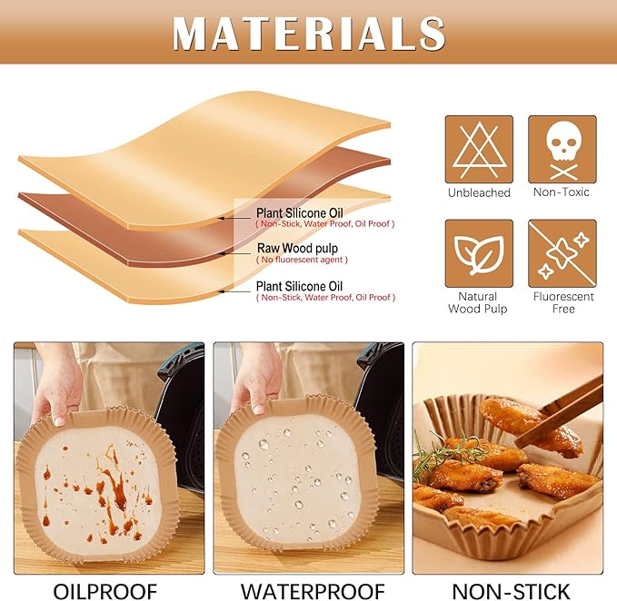 Air Fryer Liners Disposable 7.9??Square Airfryer Liners, 100 Pcs Air Fryer Parchment Paper Liners, Non-Stick airfryer paper liners, Air Fryer Cheat Sheet Magnets Over 200 Foods (Air Fryer Accessories)