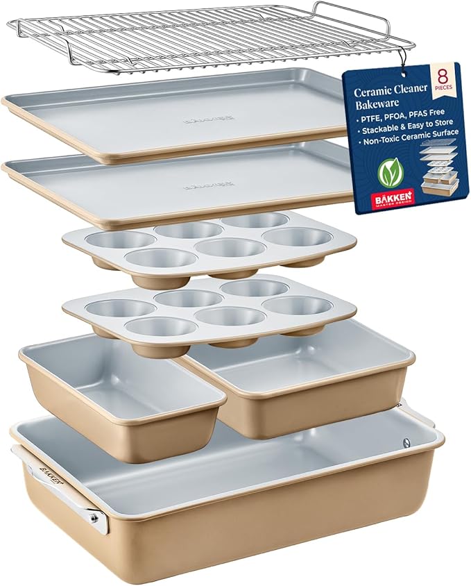 Bakken 8-Piece Stackable Bakeware Set - Ceramic Non-Stick Coating, Baking Sheets, Assorted Baking Pans, PTFE, PFOA & PFOS Free - Healthy Baking, Ergonomic Handles, Cooling Rack, Non-Toxic, Oven-Safe