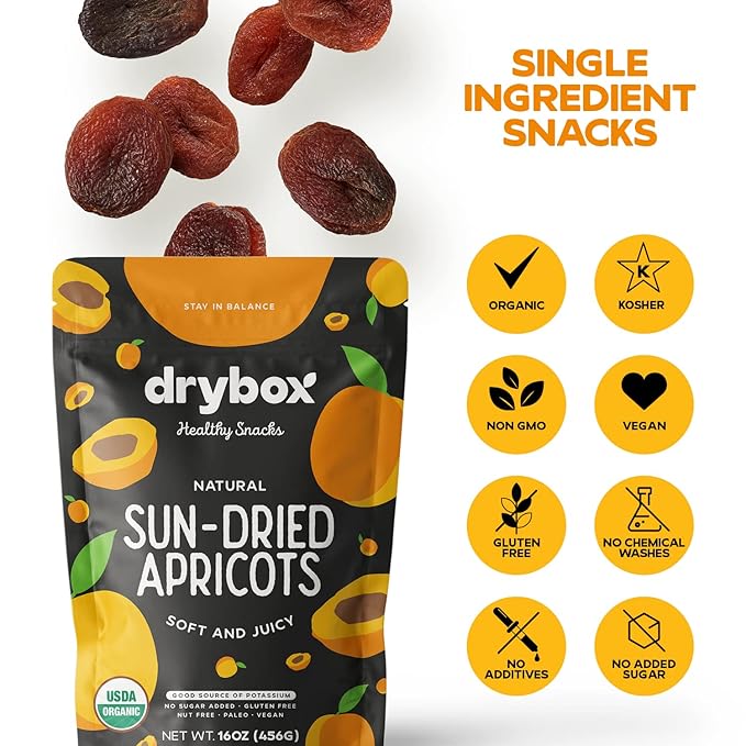 Drybox Unsulfured Organic Sun Dried Turkish Apricots, Unsweetened No Sugar Added, Non-GMO Dried Apricots for Snacking in School, Gym, and Office | Resealable 1 lb per pack - 1 Pack