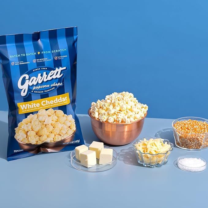 Garrett Popcorn White Cheddar, 5.0oz, 4 Bags, White Cheddar Gourmet Popcorn, Gluten Free, Savory Snack, Popped Popcorn Bags