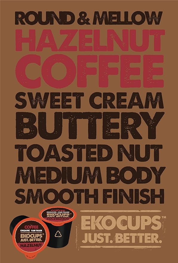 EKOCUPS Organic Hazelnut Flavored Coffee Pods, Artisan Fair Trade, Hazelnut Coffee for Keurig K Cup Machines, Recyclable Pods, 40 Count