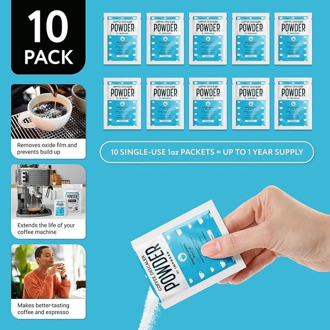 [10 Uses] Impresa Descaling Powder & Coffee Machine Cleaning Powder for Breville, for Keurig, for Nespresso, for Delonghi, for Ninja & More - Espresso Machine Descaler - Pot & Coffee Maker Cleaner
