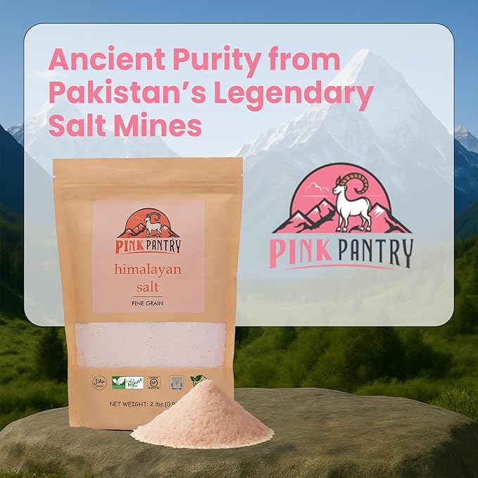 Pink Pantry Himalayan Pink Salt, 100% Pure Himalayan Salt, Non-GMO, Kosher Certified, No Additives, Ideal for Cooking, Seasoning & Gourmet Dishes, Rich in Trace Minerals, 2lb Pouch, Fine Grain