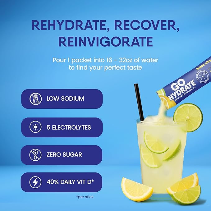 GoHydrate Instant Hydration Powder Packets - Low Sodium Electrolytes Drink Mix - Natural Hydration