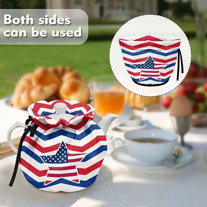 American FlagTea Cozy for Teapot Insulated Dust Proof Tea Pot Cozy for Keeping Warm Star Teapot Dust Protector for 4th of July Home Decor