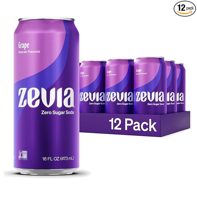 Zevia Zero Sugar Soda, Grape, 16 oz Cans (12-Pack) ??Naturally Sweetened, Non-GMO Project Verified, Gluten-Free, Vegan