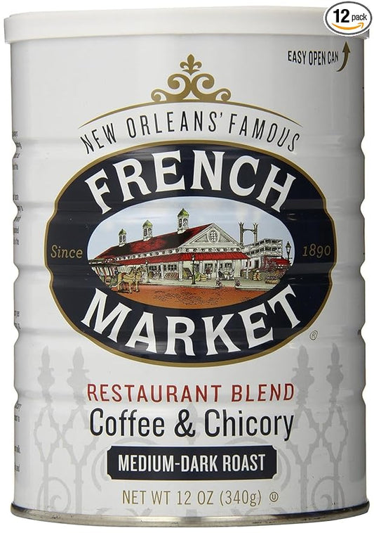 French Market Coffee & Chicory Restaurant Blend Medium-Dark Roast Ground Coffee, 12oz Can (Pack of 12)