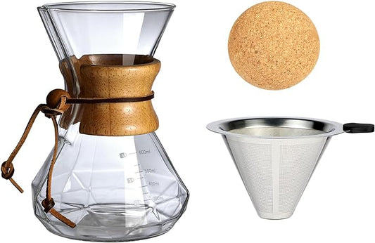 Pour Over Coffee Maker With Wood Sleeve竊?0oz/600mlPour Over Coffee Dripper,Pour Over Coffee Maker Set With Cork Stopper (20oz/600ml)