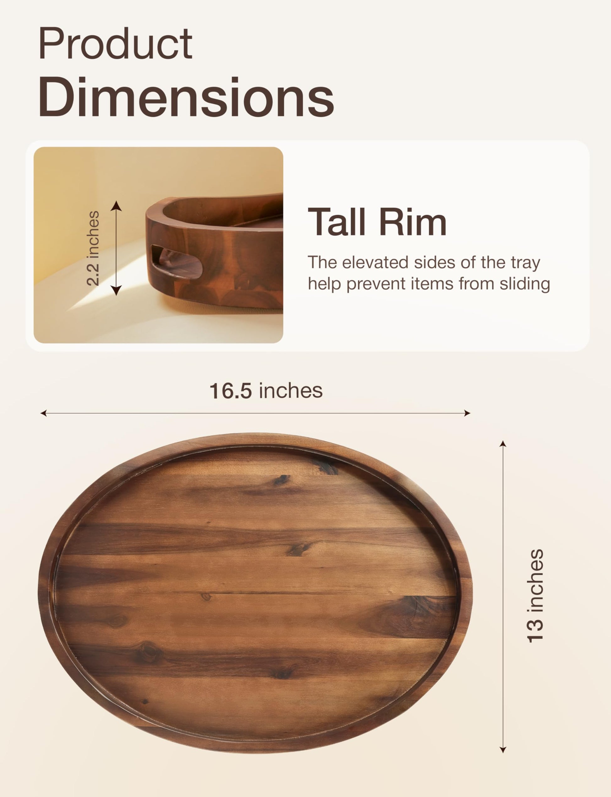 TIDITA Acacia Oval Wooden Serving Tray with Handle, 16.5"x13", Walnut Color