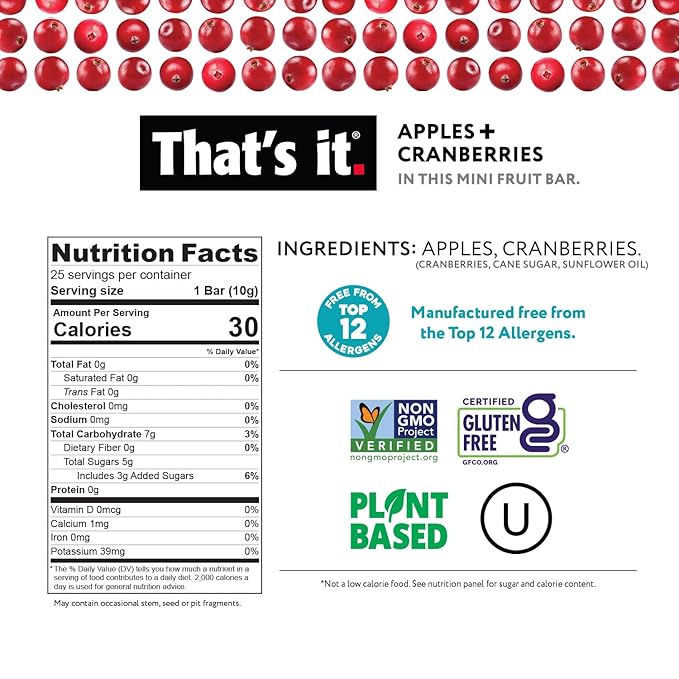 That???It. Fun Size Fruit Bars Variety Pack(50 Pieces, 10g Each) With Apples + Bananas, Apples + Cranberries, Non-GMO, Paleo and Kosher Friendly, Gluten Free Breakfast Snacks