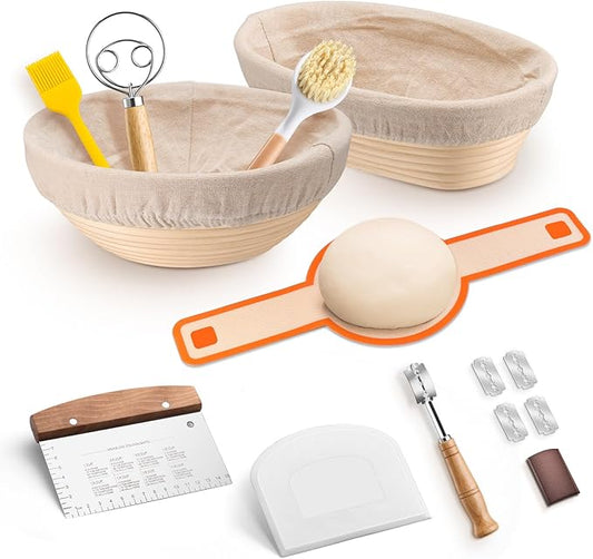 TeamFar Sourdough Bread Baking Supplies, 9??Round and 10??Oval Sourdough Starter Kit, Proofing Basket Set with Cloth Liner, Bread Lame, Whisk Dough, Bowl Scraper, Brush
