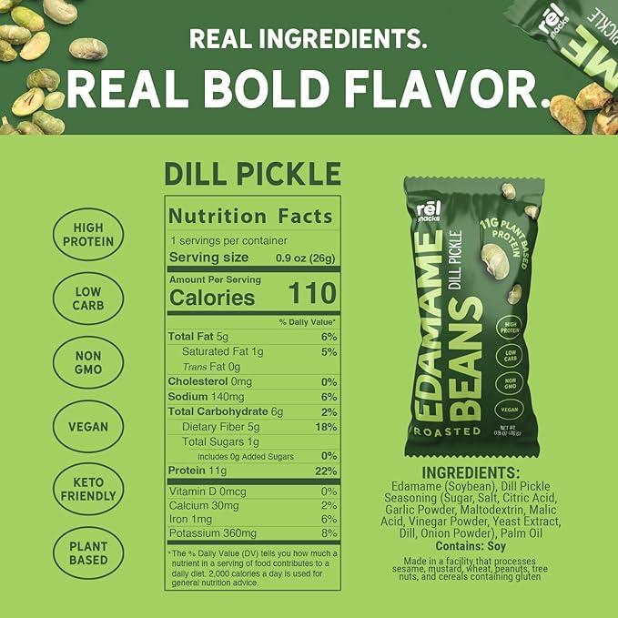 R휆l Snacks Dill Pickle Roasted Edamame ??High Protein Low Carb Snack (11g Protein per Serving) ??Keto-Friendly, Vegan, Non-GMO ??10-Pack 0.9oz Bags