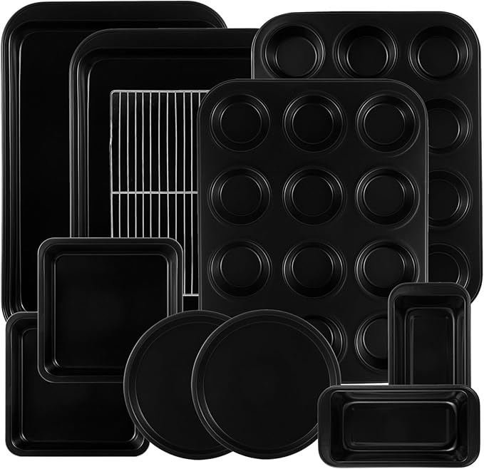 11-Piece Nonstick Baking Pans Set - Professional Grade Carbon Steel Bakeware with Premium Coating- Dishwasher Safe, Stackable, Oven Safe to 450°F (Black)