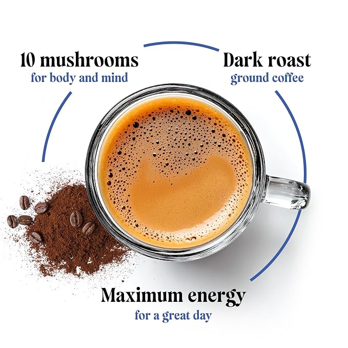Shroomzup Ground Mushroom Coffee for Brewing - 10 Mushrooms Dark Roast - Lion's Mane, Reishi, Chaga, Turkey Tail, Cordyceps, Shiitake Mushroom Coffee for Energy and Focus - 13oz Bag