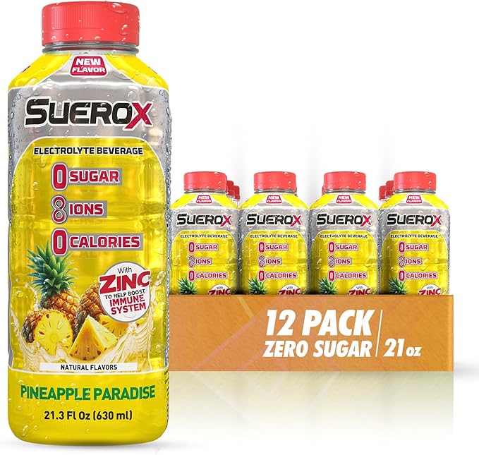 SueroX Sugar Free Sports Drink for Hydration and Recovery, Electrolyte Hydration Drink with 8 Ions, Zero Calorie Sports Drinks, Pineapple Paradise flavor, 21.3 Fl Oz, 12 Count