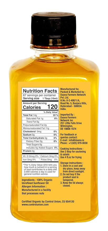 Daana Sunflower Oil: Certified USDA Organic, Extra Virgin, Cold Pressed, High Oleic, Non-GMO. Healthy Oil for Cooking, Baking, Frying, Hair and Skin Care. Pesticide and Chemical Free (12 oz)