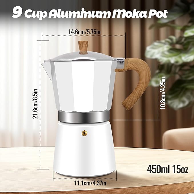9 Cup Aluminum Moka Pot Classic Stovetop Espresso Coffee Maker 450ml 15oz Coffeemaker Percolator Mocha Express Preferred Cafe Makers for Italian and Cuban Cafì±?Brewing White
