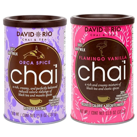 Reduced Calorie Orca Spice + Decaf Flamingo Vanilla Chai Tea Latte Mix (2 Pack) Decaf Black Tea, Organic Spices, Dairy Free, Serve Hot or Cold, Just Add Water or Milk