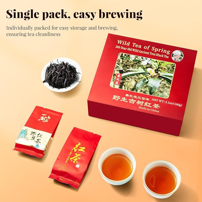 The Spring Tea Premium Grade Ancient Tree Black Tea From Wild 300+ Year Old Tree, Loose Leaf with Individual Pack, Just harvested in Spring 2025, Exquisite, Handpicked, Gift Package, 3.5oz/100g
