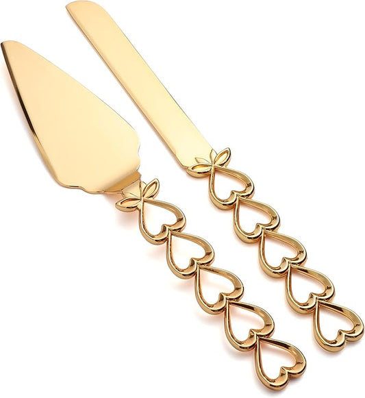 Wedding Cake Knife and Server Set Stainless Steel Gold Cake Knife Pie Server Serving Utensils Set for Wedding Birthday Parties