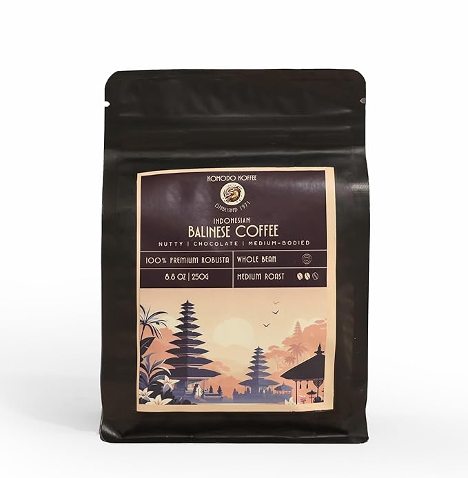Komodo Koffee Organic Balinese Specialty Coffee sourced from Bali, Indonesia - Whole bean - Medium Roast 8.8oz (250g)