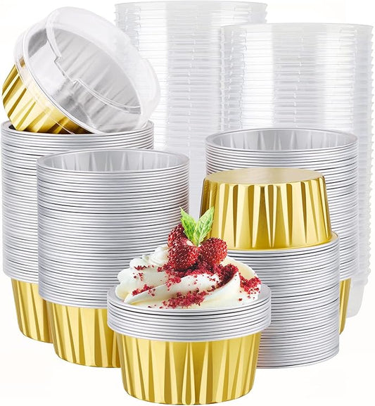 EUSOAR Aluminum Muffin Cups with Lid, 200pcs 5oz Muffin Liners Cups with Lids, Disposable Foil Ramekins, Aluminum Cupcake liners, Creme Brulee Ramekins, Aluminum Foil Cupcake Baking Cups Holders Pans