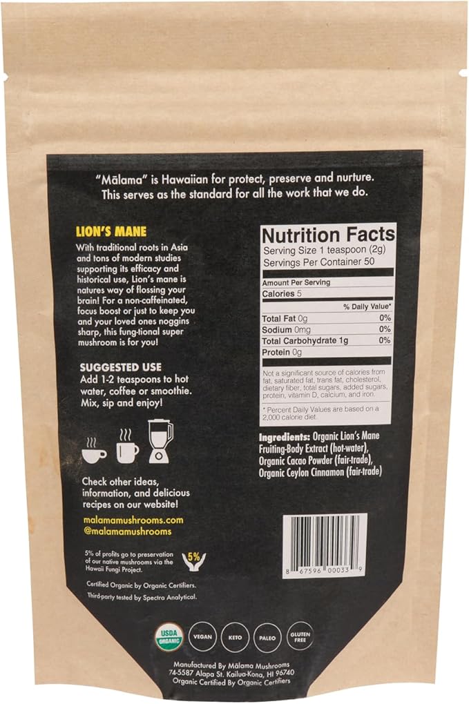 Malama Organic Mushroom Hot Cacao Mix, Lion's Mane Mushroom Powder with Fair Trade Cacao for Focus, Memory, & Immune Support ??Vegan Supplement & Superfood, Non GMO, 3.5 oz (50 Servings)